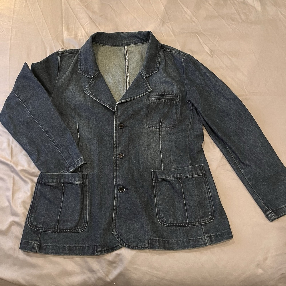 Denim Blazer Jacket Tailored Chore Coat Patch Pockets L 40 100 Cotton Y2K Style